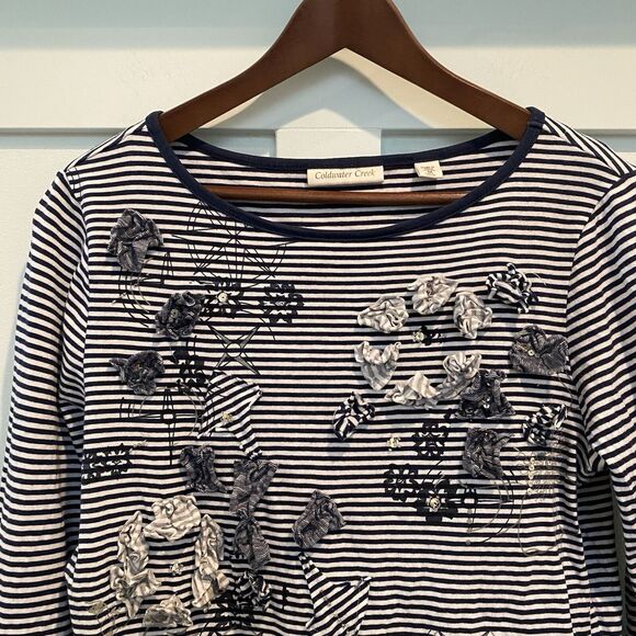 Coldwater Creek Top M Navy White Striped Mixed Media‎ Sequin 3D - Picture 1 of 11